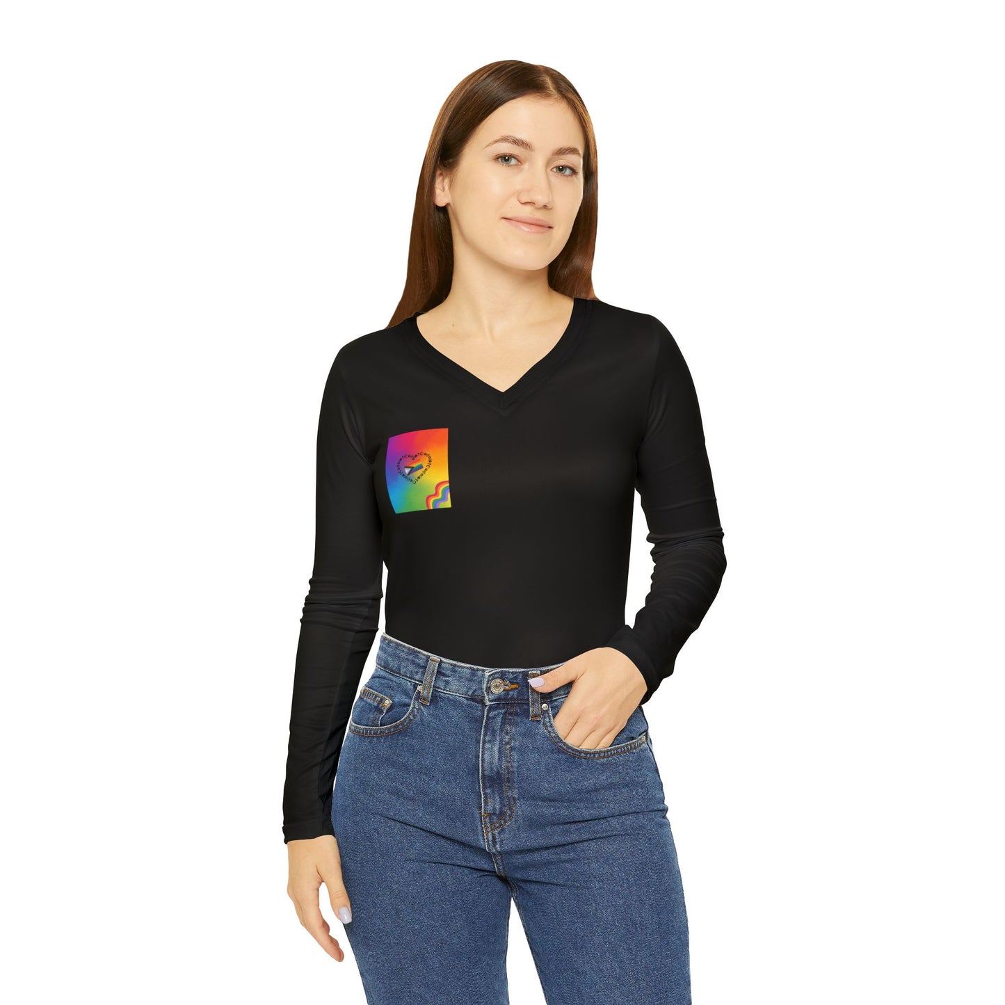 Colorful Heart Printed Women's Long Sleeve V-neck Shirt, Pride Apparel, LGBTQ+ Fashion, Casual Wear, Gift for Her, Rainbow Tee