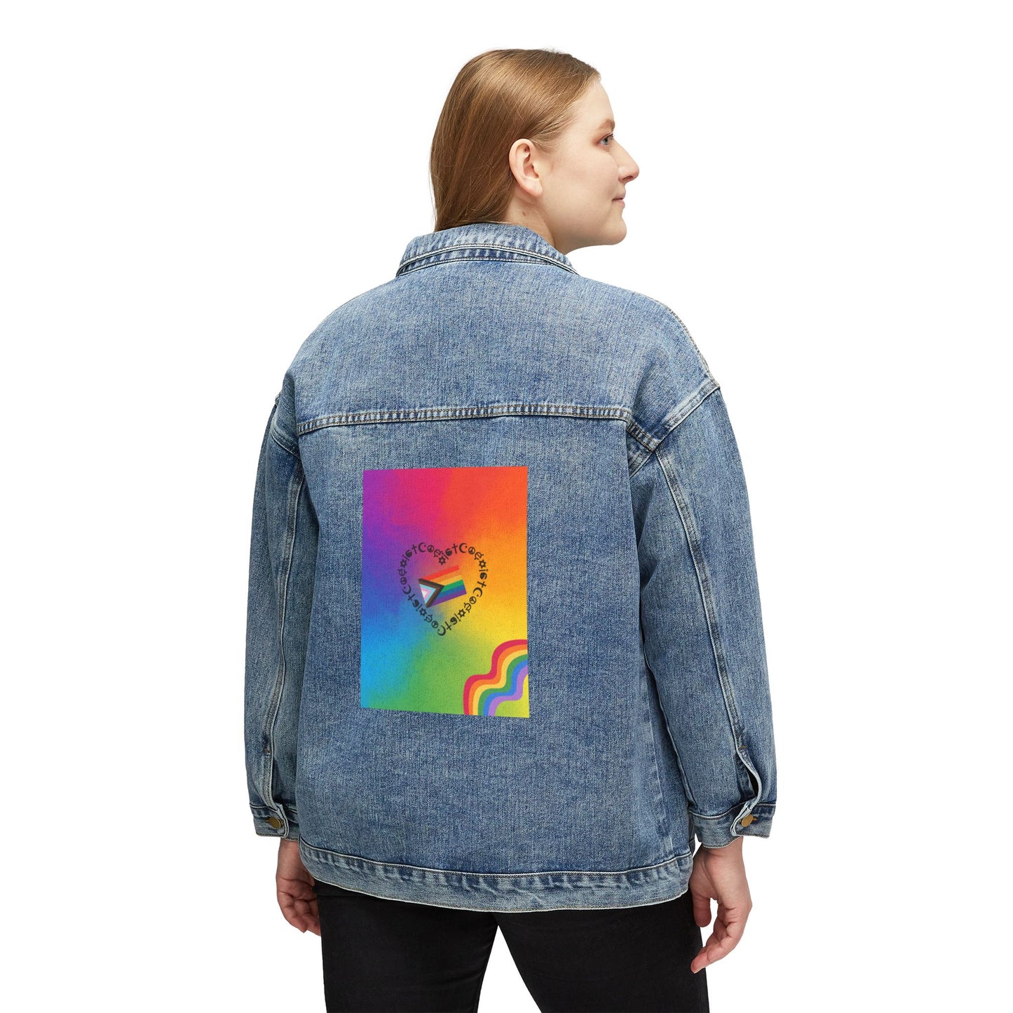 Colorful Heart Rainbow Denim Jacket for Women, Trendy Outerwear, Stylish Spring Apparel, LGBTQ+ Pride Clothing, Festival Fashion