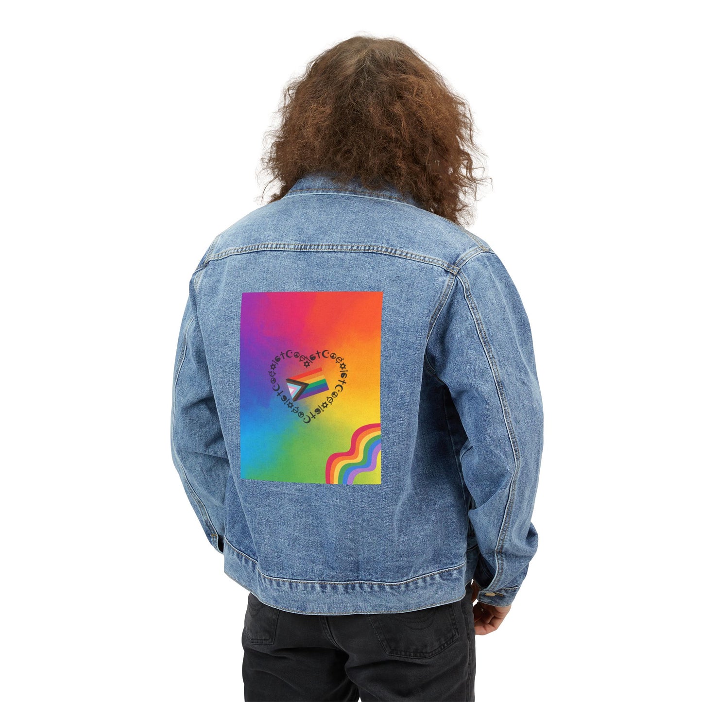 Men's Denim Jacket with Rainbow Heart Design, Vintage Style Jacket, Casual Outerwear for Pride, Summer Fashion, Gift Idea