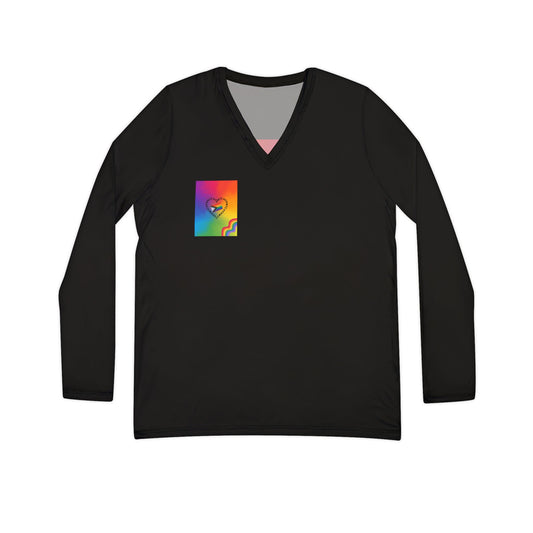 Colorful Heart Printed Women's Long Sleeve V-neck Shirt, Pride Apparel, LGBTQ+ Fashion, Casual Wear, Gift for Her, Rainbow Tee