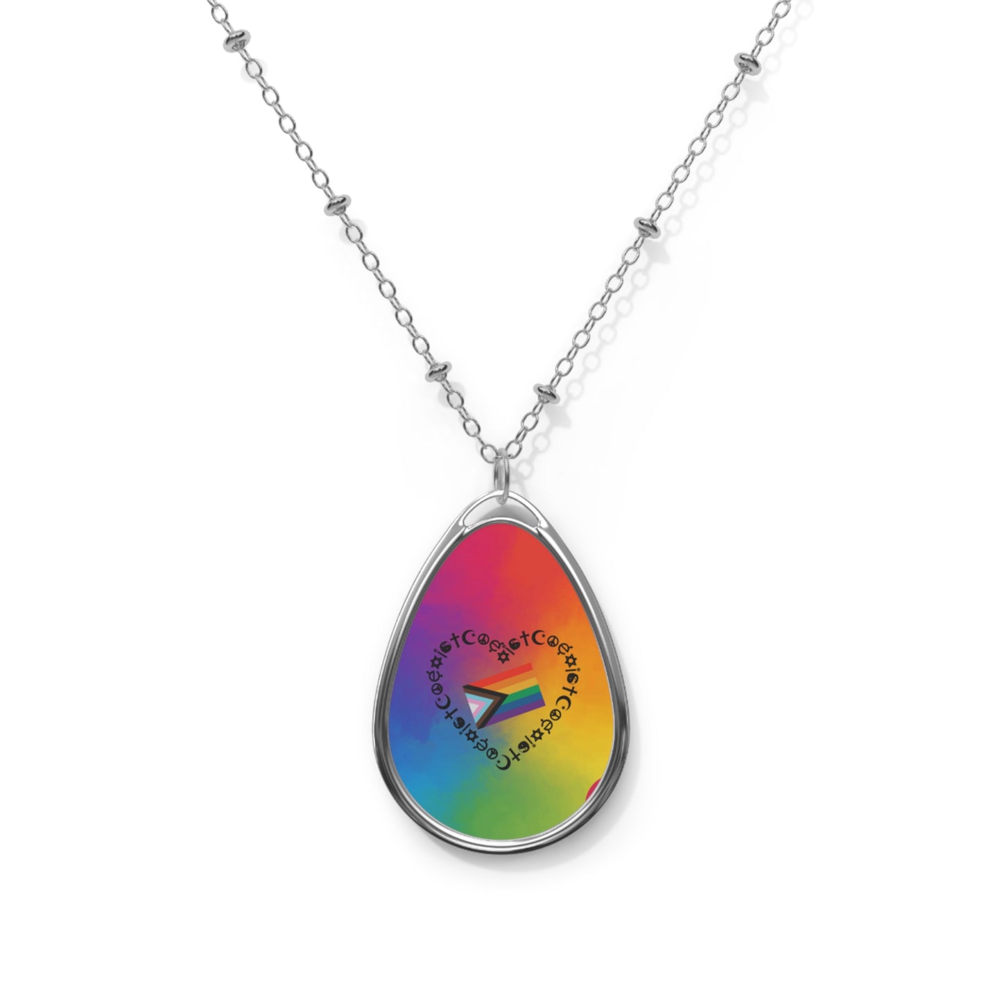 Rainbow Pride Oval Necklace – Engraved Love Heart Teardrop Pendant