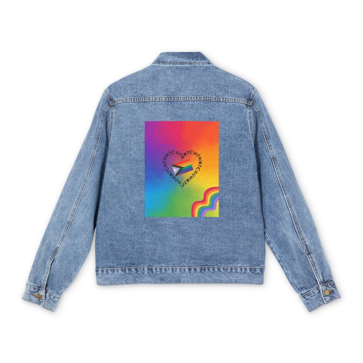 Men's Denim Jacket with Rainbow Heart Design, Vintage Style Jacket, Casual Outerwear for Pride, Summer Fashion, Gift Idea