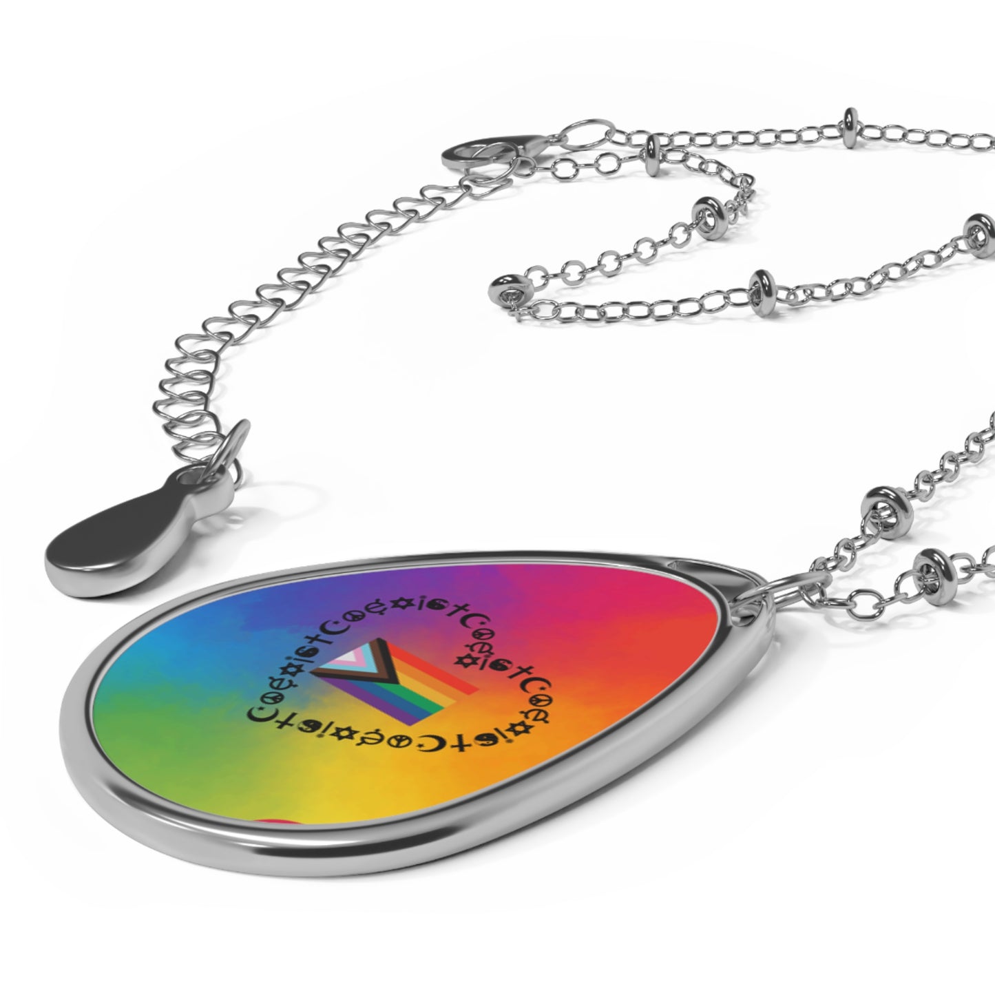 Rainbow Pride Oval Necklace – Engraved Love Heart Teardrop Pendant